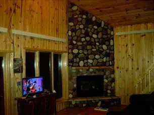 Cabin living room with pine walls and a stone fireplace